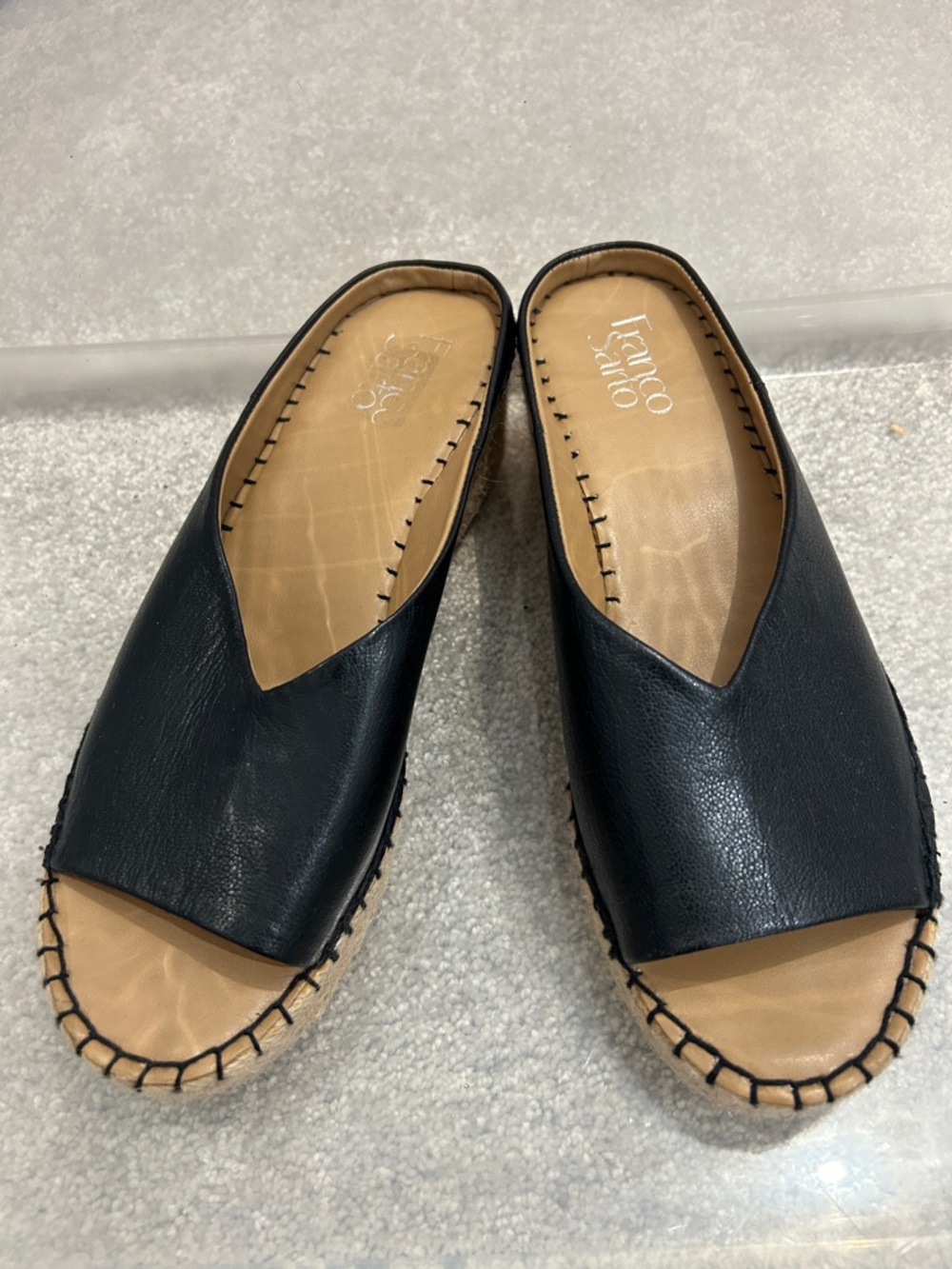 Franco Sarto Black Leather Slip-On Slides with Tan Footbed